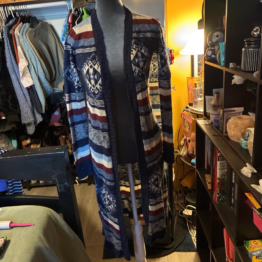 Striped Aztec Long Cardigan - Navy, Cream & Burgundy